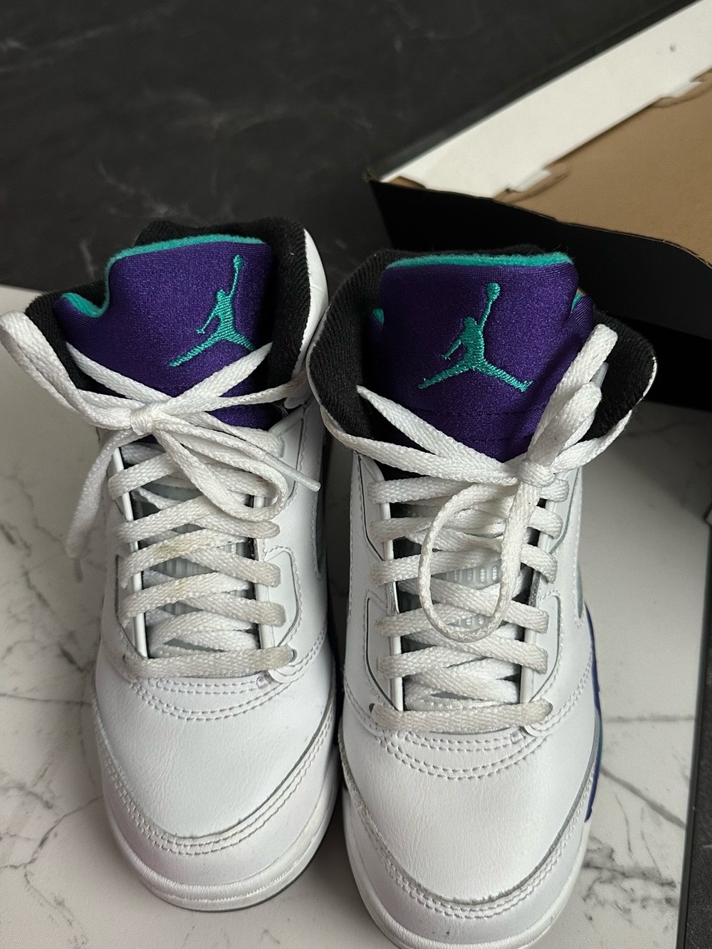 Jordan Kids White Sneakers with Purple & Teal Accents